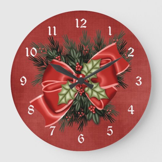 Holiday Greenery & Red Bow Christmas Clock Große Wanduhr (Vorderseite)