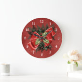 Holiday Greenery & Red Bow Christmas Clock Große Wanduhr (Zuhause)