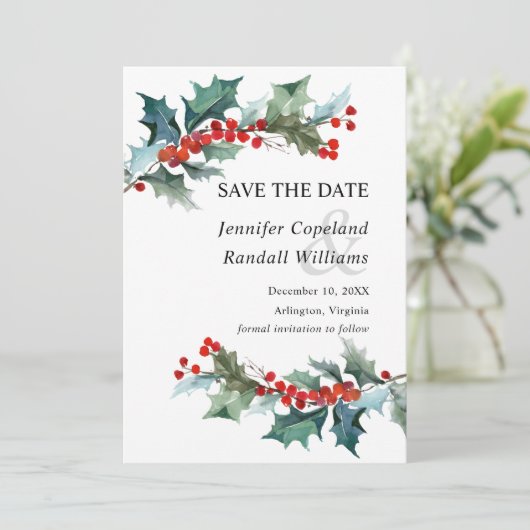 Holiday Greenery Save the Date Card (Stehend Vorderseite)