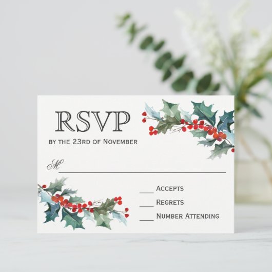 Holiday Greenery Watercolor Wedding RSVP (Stehend Vorderseite)