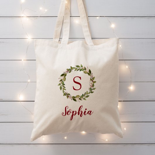 Holiday Greenery Wreath Monogram - Wiederverwendba Tragetasche