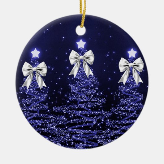 Holiday Greeting Navy Blue Christmas Trees Silver Keramik Ornament (Vorne)