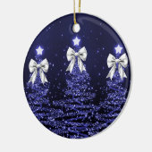 Holiday Greeting Navy Blue Christmas Trees Silver Keramik Ornament (Links)