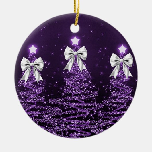 Holiday Greeting Purple Christmas Trees Silver Keramik Ornament (Vorne)