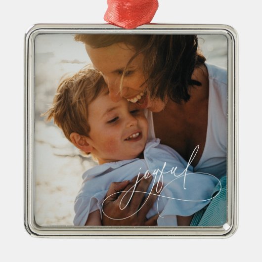 Holiday Handwriting Joyful Minimalistisches Foto Ornament Aus Metall (Vorne)