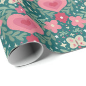 Holiday Hearts & Flowers – Soft Red, Green & Gold Geschenkpapier (Rolleneckpunkt)