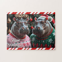Holiday Hippo Couple in Christmas Sweaters