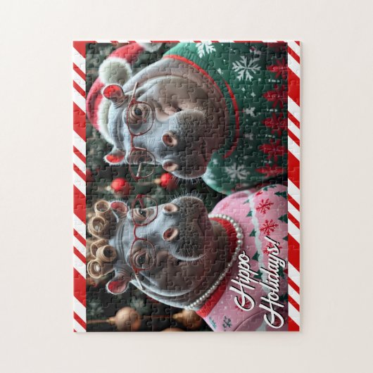 Holiday Hippo Couple in Christmas Sweaters Puzzle (Vertikal)