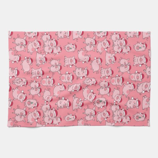 Holiday Hogs Niedlich Pink Weihnachtshut Schweine Geschirrtuch (Horizontal)