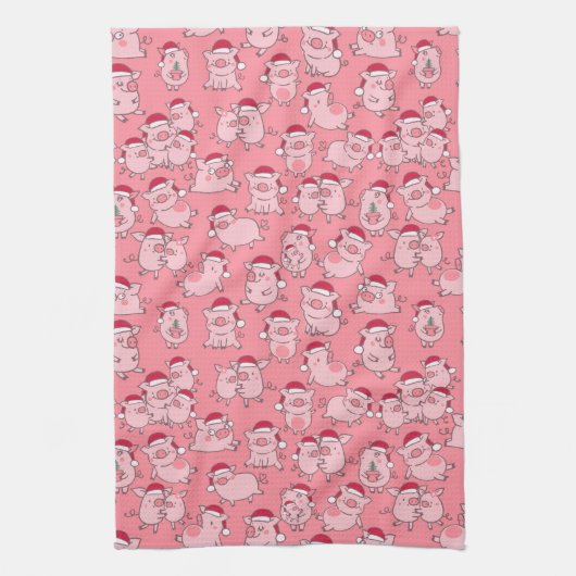 Holiday Hogs Niedlich Pink Weihnachtshut Schweine Geschirrtuch (Vertikal)