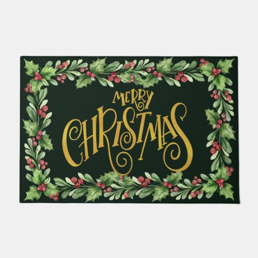 Holiday Holly and Berries - Gold Frohe Weihnachten Fußmatte (Vorderseite)