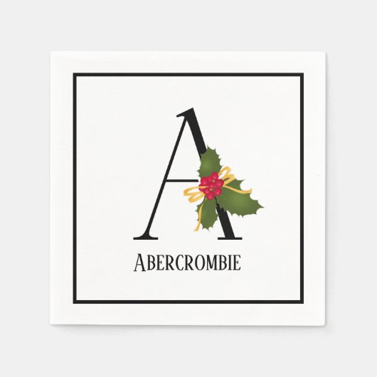 Holiday Holly Monogram Letter A Personalisiert Pap Serviette (Vorderseite)