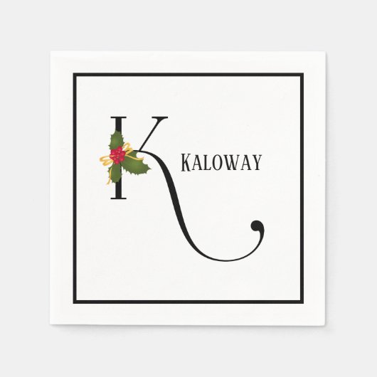 Holiday Holly Monogram Letter K Personalisiert Pap Serviette (Vorderseite)
