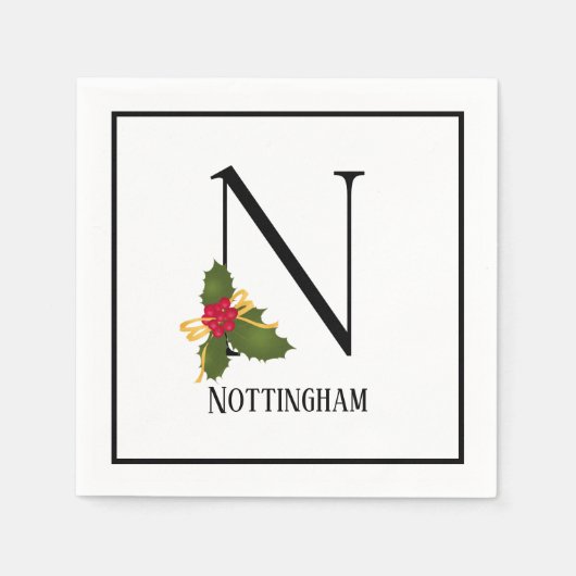 Holiday Holly Monogram Letter N Personalisiert Pap Serviette (Vorderseite)