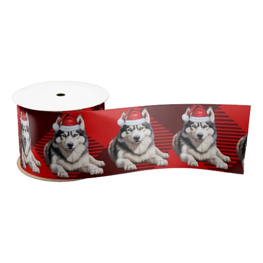 Holiday Husky Dog auf Red Buffalo Kariert Satinband (Spule)