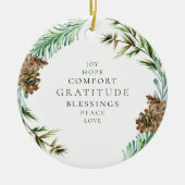 Holiday Joy Hope Peace Liebe Pine Cone Individuell Keramik Ornament (Vorne)