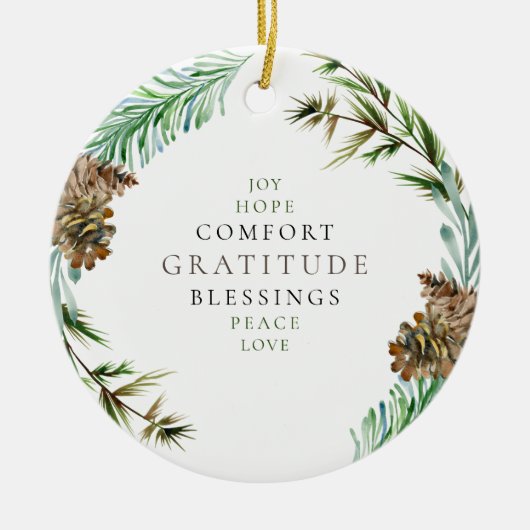 Holiday Joy Hope Peace Liebe Pine Cone Individuell Keramik Ornament (Vorne)