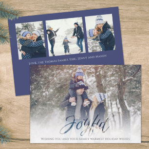 Holiday Joyful Script Blue White Snowflake 4 Photo Feiertagskarte