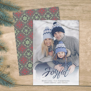 Holiday Joyful Script Red Green Snowflake 1 Foto Feiertagskarte