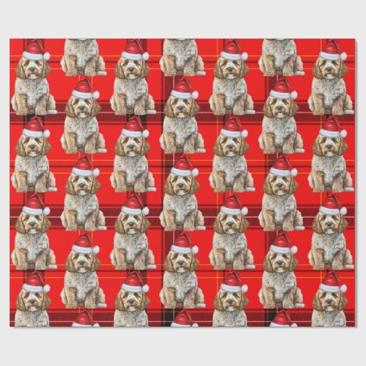Holiday Kariert Cockapoo Santa Dog Weihnachten Geschenkpapier (Flach)