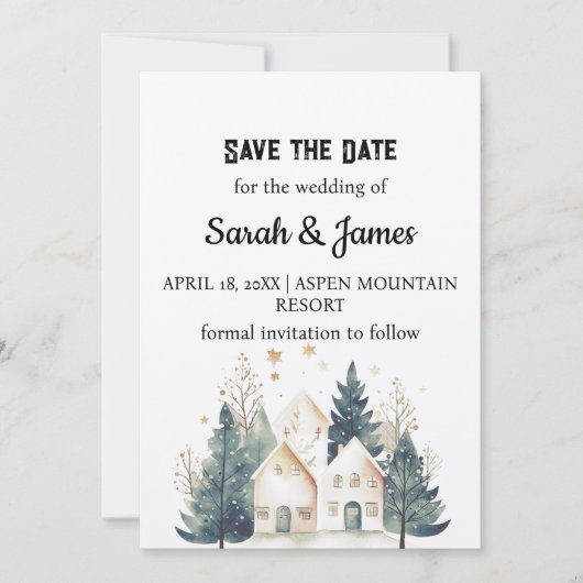 Holiday Kraft Suburb House Pine Tree Save the Date Einladung (Vorderseite)