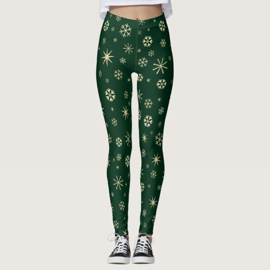 Holiday kühne moderne Goldschneeflocken-Muster grü Leggings (Vorderseite)