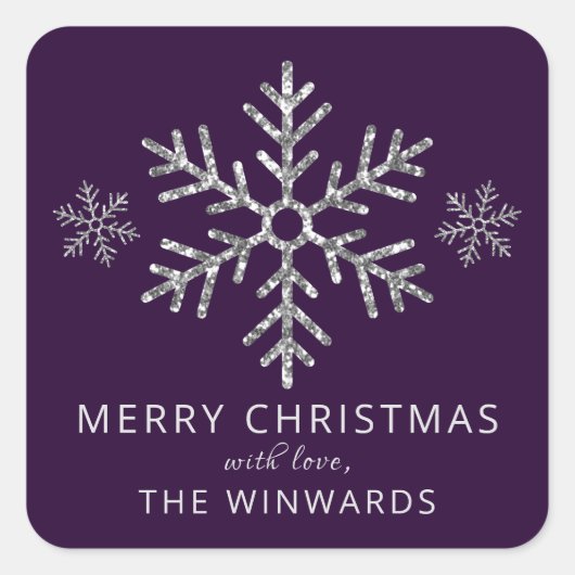 Holiday Lila Silver Glitzer Weihnachten Schneefloc Quadratischer Aufkleber (Vorderseite)