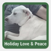 Holiday Love and Peace Cute Dog Photo with Dad Quadratischer Aufkleber (Vorderseite)