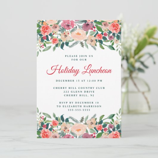 Holiday Luncheon Floral Watercolor Einladung (Stehend Vorderseite)
