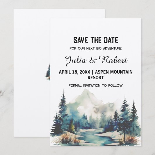 Holiday Mountain Pine Tree Save the Date Einladung (Vorne/Hinten)