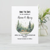 Holiday Mountain Snow Deer Pine Tree Save the Date Einladung (Stehend Vorderseite)