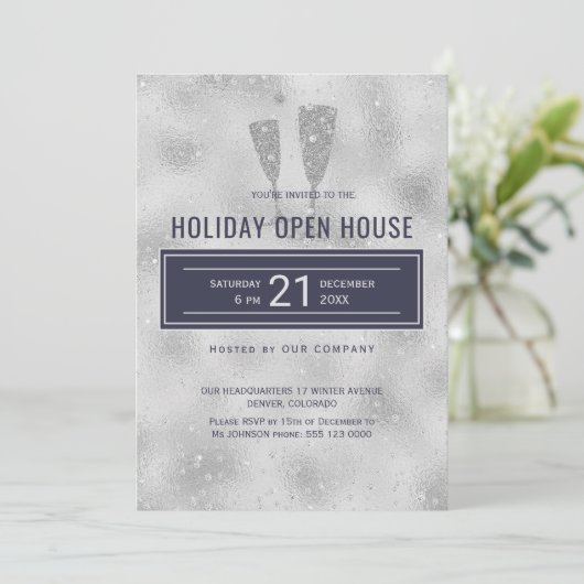 Holiday Open House Elegante Silver Navy Corporate Einladung (Stehend Vorderseite)