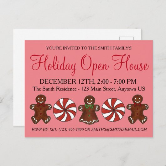 Holiday Open House Gingerbret Cookie Peppermint Einladungspostkarte (Vorne/Hinten)