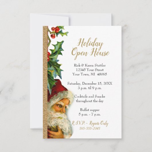 Holiday Open House Gold Glitzer Santa Holly Einladung (Vorderseite)