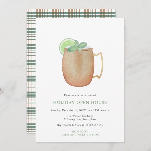 Holiday Open House Party Moskau Mule Watercolor Einladung (Vorne/Hinten)