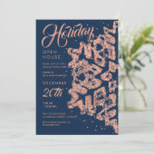 Holiday Open House Rose Gold Glitzer Navy Einladung (Stehend Vorderseite)