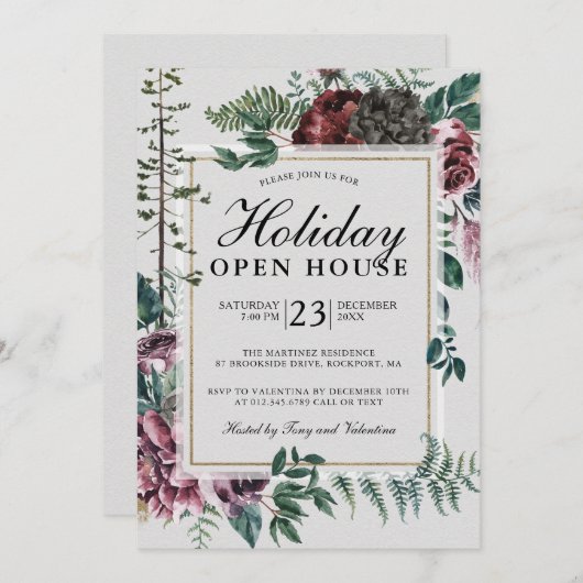 Holiday Open House Rustikale Rote Flora Einladung (Vorne/Hinten)