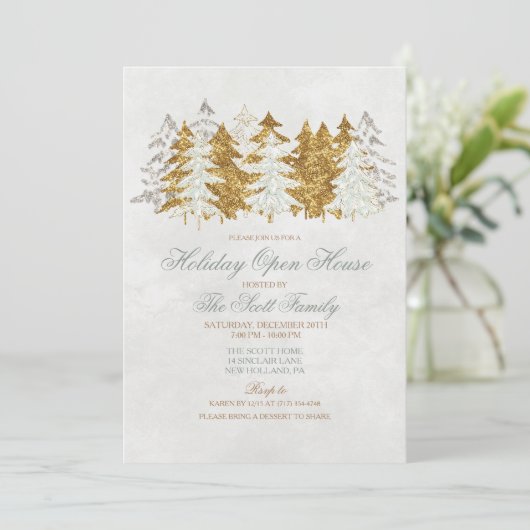 Holiday Open House Tree Snowflake Einladung (Stehend Vorderseite)