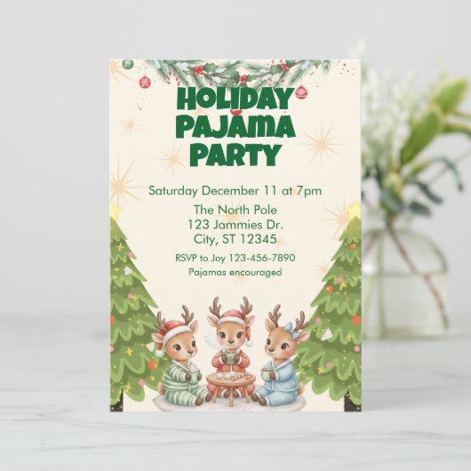 Holiday Pajama Party, reindeer and cocoa Einladung (Stehend Vorderseite)