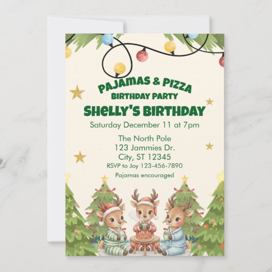 Holiday Pajama Pizza Birthday Party, reindeer Einladung (Vorderseite)