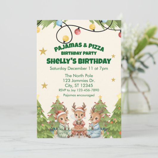 Holiday Pajama Pizza Birthday Party, reindeer Einladung (Stehend Vorderseite)