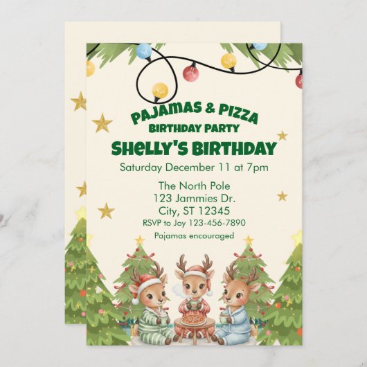 Holiday Pajama Pizza Birthday Party, reindeer Einladung (Vorne/Hinten)