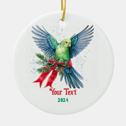 Holiday Parakeet und Red Christmas Ribbon Keramik Ornament (Vorne)