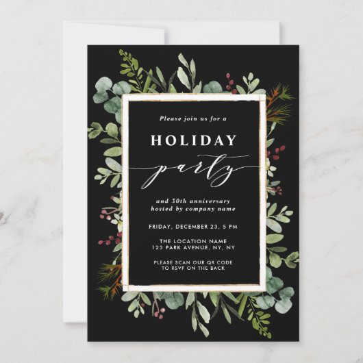 Holiday Party Botanical Greenery mit QR Code Einladung (Vorderseite)
