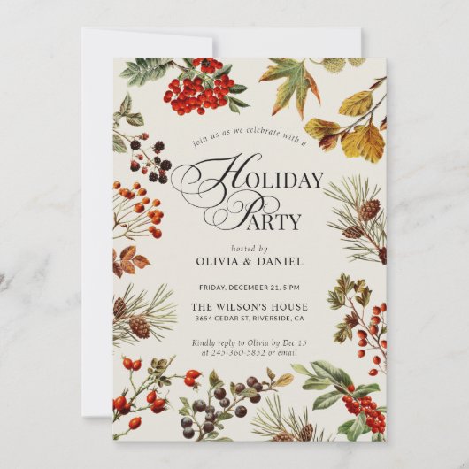 Holiday Party Botanical Plants Berries Script Einladung (Vorderseite)