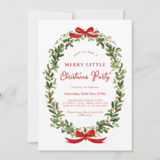 Holiday Party Festive Christmas Wreath Ribbon Einladung (Vorderseite)