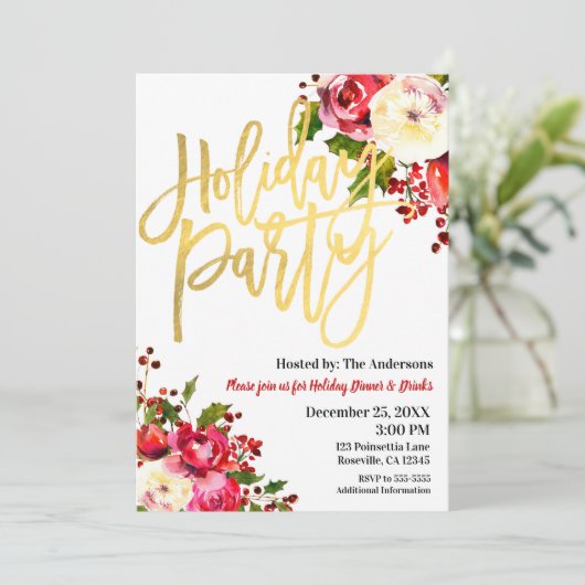 Holiday Party Gold Modernes Drehbuch Blumenberries Einladung (Stehend Vorderseite)