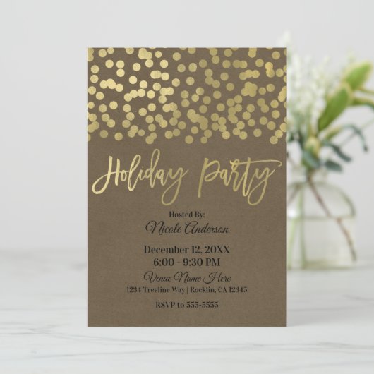 Holiday Party Gold Script Modern Chic Rustic Kraft Einladung (Stehend Vorderseite)