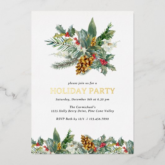 Holiday Party Holand Pine Cone Bouquet Gold Folieneinladung (Vorderseite)