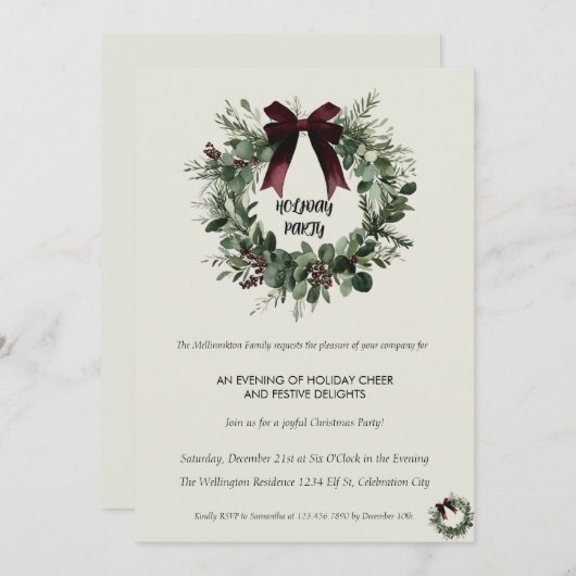Holiday Party Invitation Elegant Christmas Wreath Einladung (Vorne/Hinten)